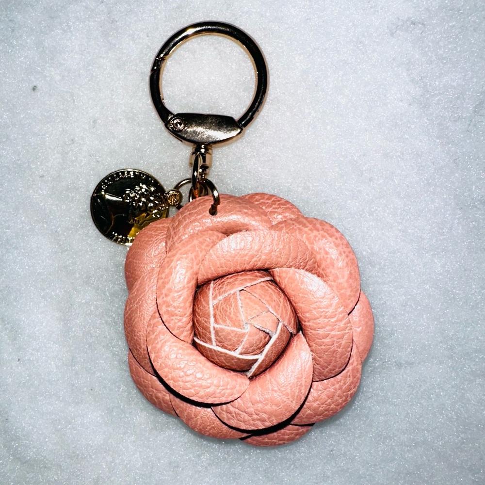 Elegant Pink faux Leather Rose with gold Keychain with gold coin